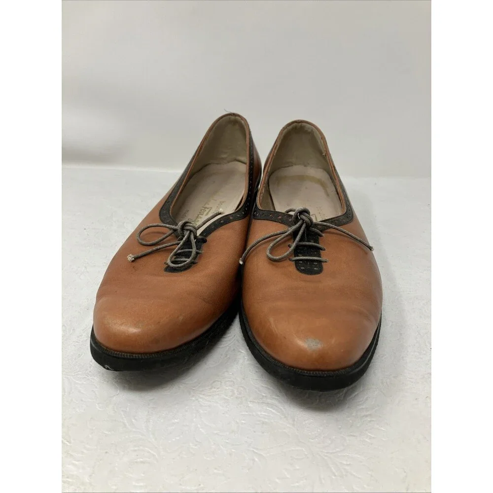 Vintage Ferragamo Shoes Womens 10 B Brown Black Trim Lace Up Oxford Flats Italy